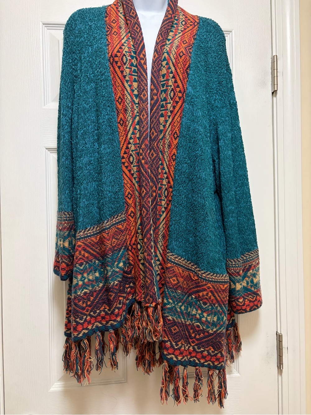 Rudy Rd Teal Patterned Open Front Bohemian Fringe Cardigan Sweater - Picture 2 of 3